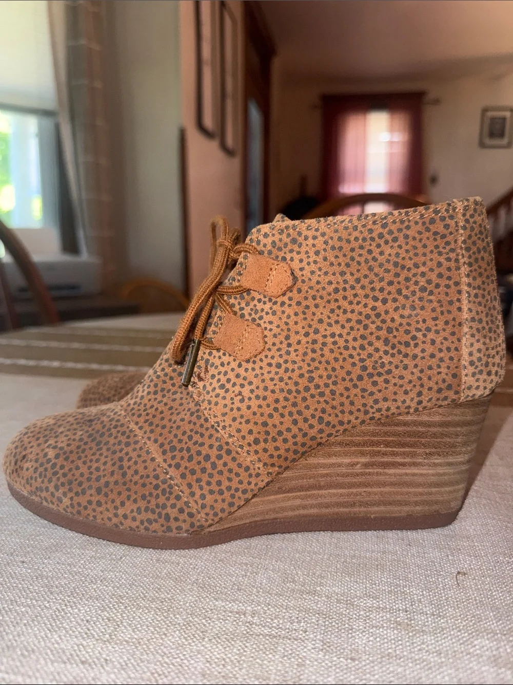 TOMS Women’s Leopard Print Wedge Ankle Boots Lace Up Animal Print Booties
